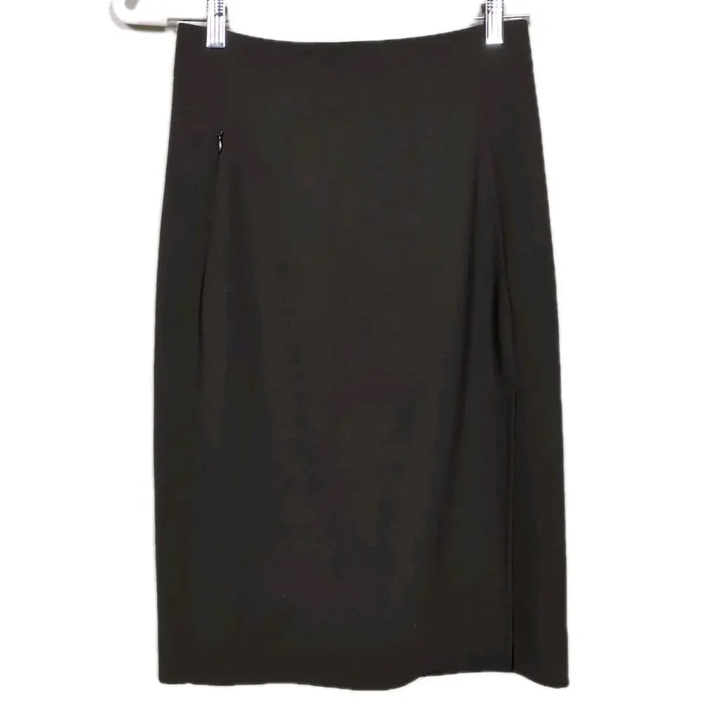 AKRIS Dark Brown Double-Face Wool Midi Pencil Skirt Leg Slit Zip Pocket Womens 4